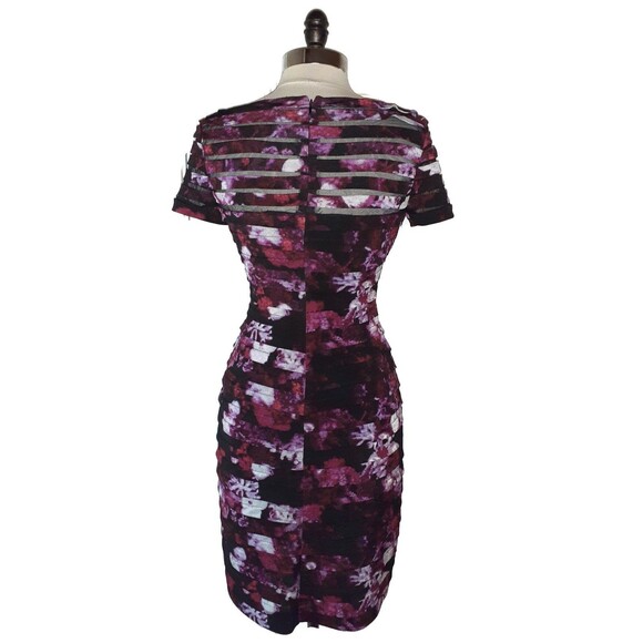 ADRIANNA PAPELL Size 8 Sheath Dress Black Purple Floral Short Sleeve Tiered - Picture 4 of 6